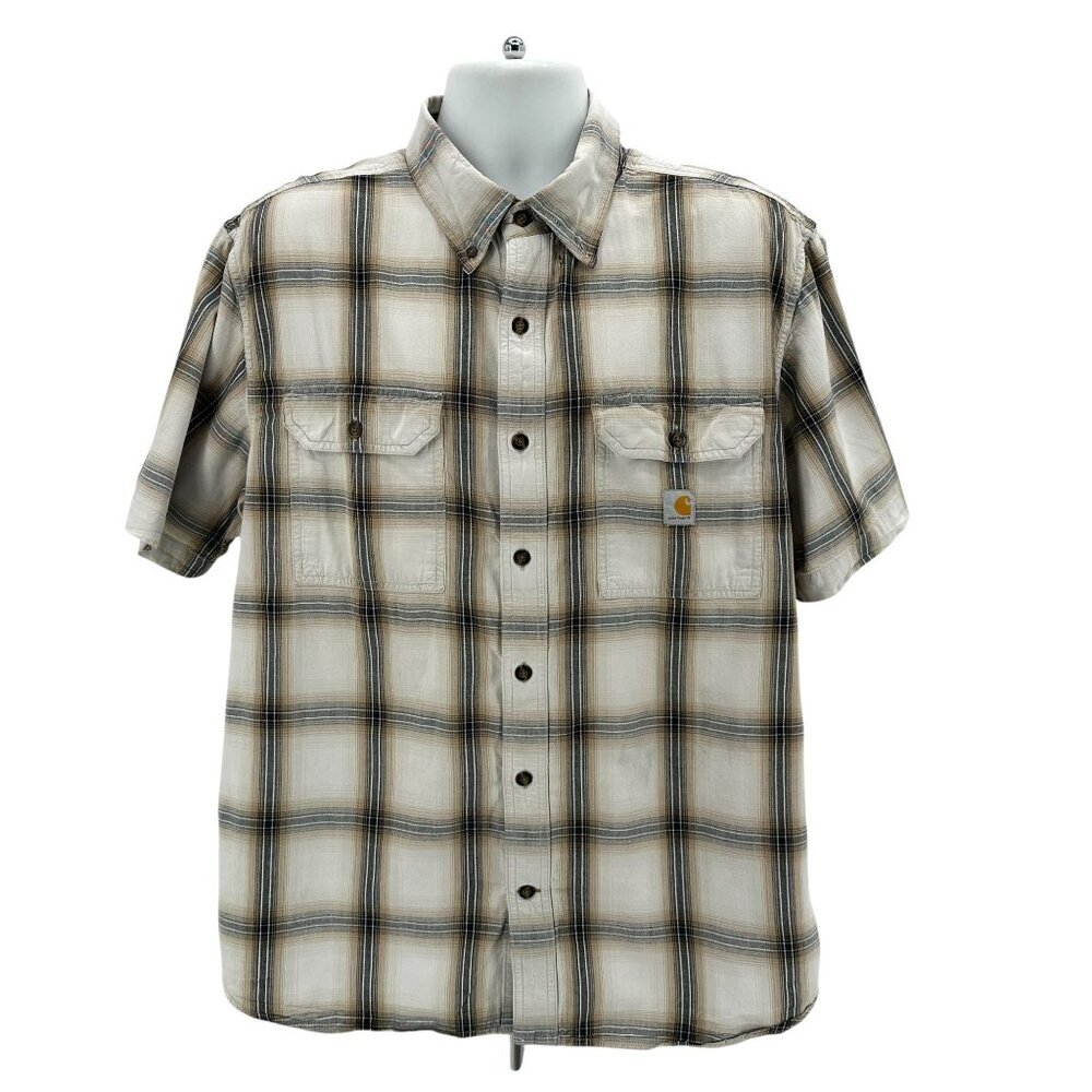 Carhartt Mens XL Button Shirt Loose Fit Plaid Ivory Tan Black Short Sleeve